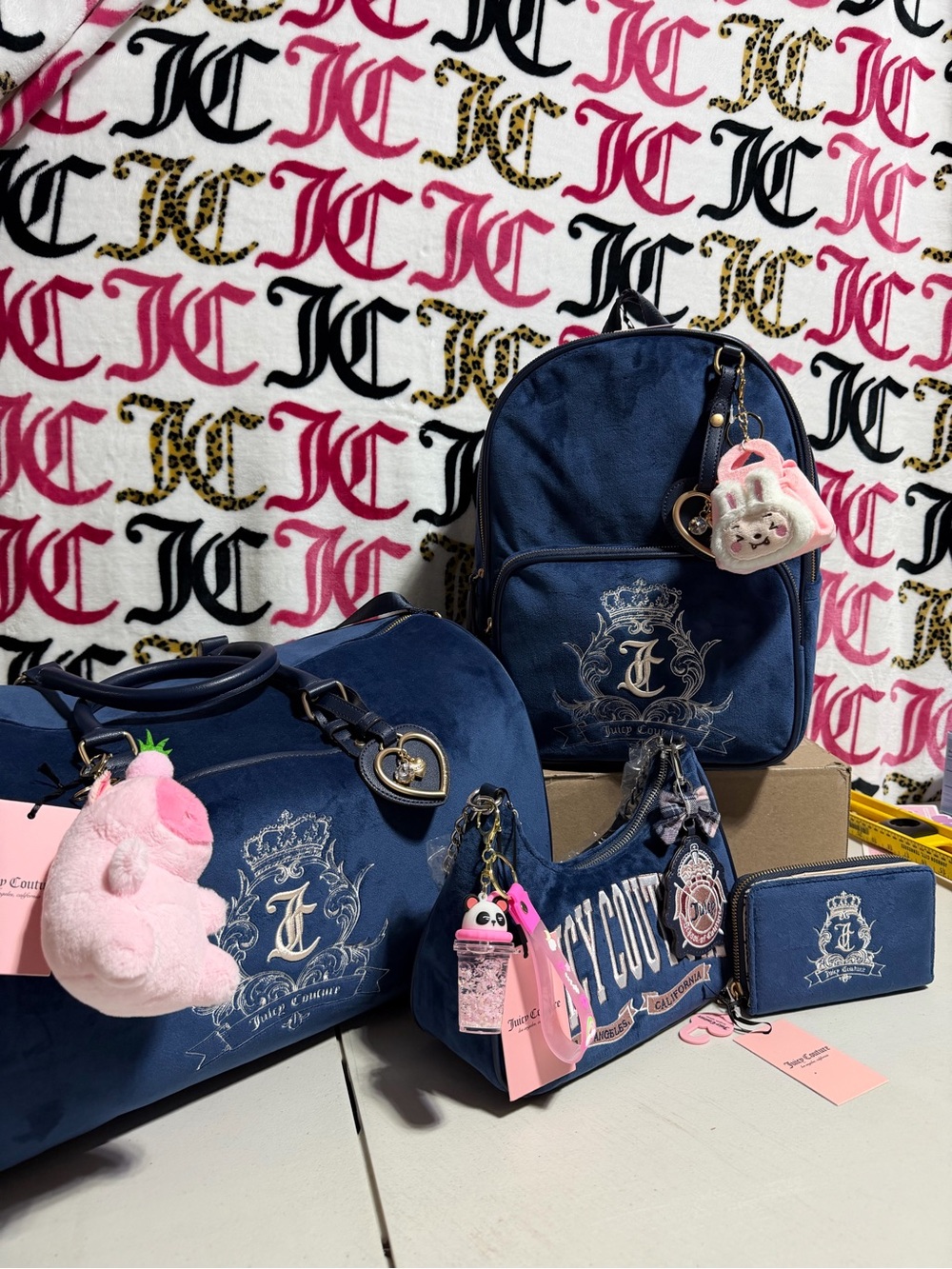 Juicy Couture Navy Velvet Travel Bag Set with Pink Charms